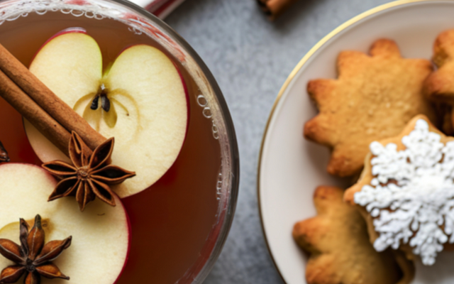 Ein Glas warmer Apfelwein oder Glühmost, garniert mit Apfelscheiben, Zimtstangen und Sternanis, steht neben einem Teller mit weihnachtlichen Plätzchen.