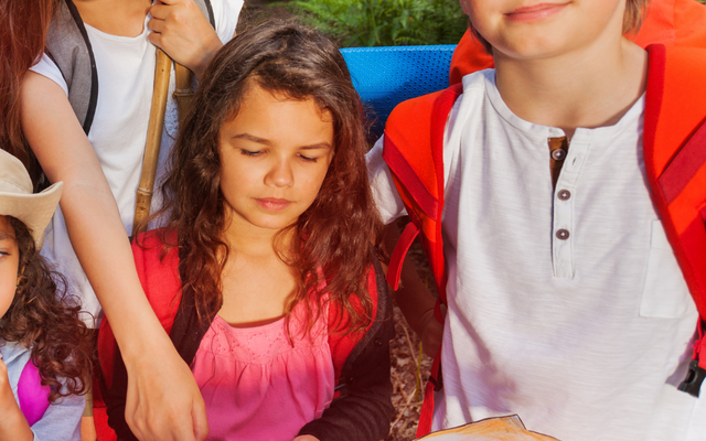 Vier Kinder sind auf dem Bild zu sehen, sie halten eine selbstgemalte Schatzkarte in der Hand. Das größere Mädchen zeigt mit dem Zeigefinger auf die Karte